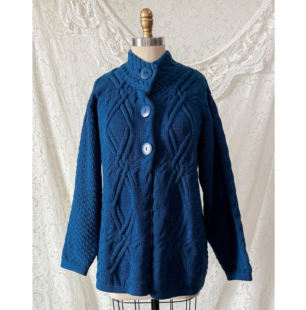 Vintage Aran Crafts Ireland Teal Blue Merino Wool Cable Knit Cardigan Jacket